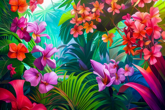Tropical Bliss: A Glowing and Detailed Painting of a Dense and Colorful Jungle