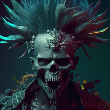 crazy skull portrait with metallic cybernetic ornaments, fictional person created with generative ai