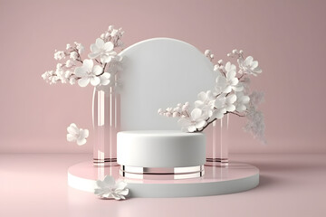 Product display podium with blossom flowers on pink background. 3D rendering made with Generative AI