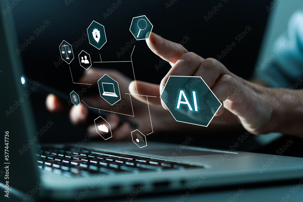 Poster hand touching digital chatbot for provide access to information and data in online network, robot ap