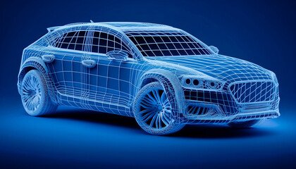 Fototapeta na wymiar Modern SUV Car wireframe concept in AR, Augmented reality wireframe of car concept with blue background, generative ai, Futuristic car concept with mesh network, Car manufacturing blueprint 