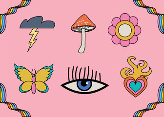 set of bright cool cartoon psychedelic rainbow stickers - 70s-80s hippie floral style. Frame, template, background, social networks, decoration. Vintage vector illustration.