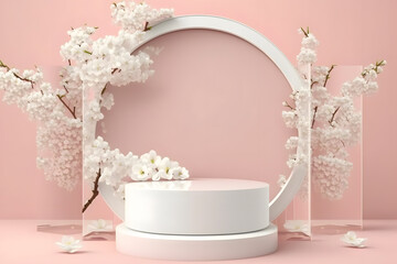 Product display podium with blossom flowers on pink background. 3D rendering made with Generative AI