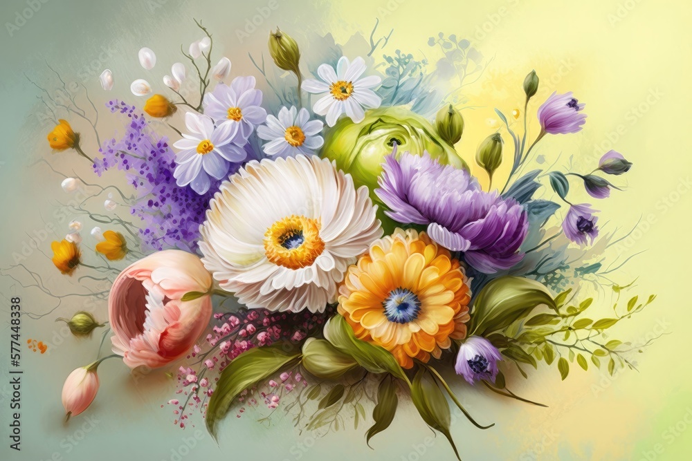 Sticker Bouquet of fresh spring flowers on light colorful background. Generative AI