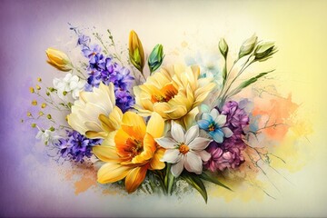 Bouquet of fresh spring flowers on light colorful background. Generative AI