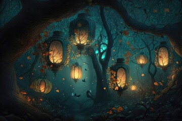 Lanterns in the fairy forest fantasy. Generative AI - obrazy, fototapety, plakaty