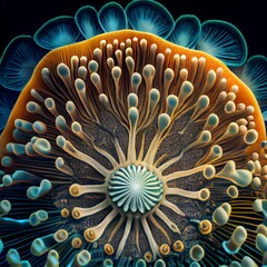 Hallucinogenic mushrooms look from a microscope. Generative AI.
