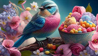 uccello colorato di primavera, dolcetti e dolci, generative ai - obrazy, fototapety, plakaty