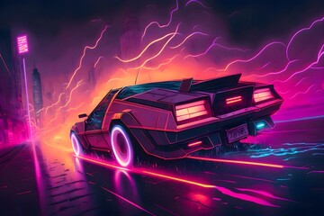 Obraz na płótnie Canvas DeLorean driving to a cyberpunk city | Synthwave car Ai Generated wallpaper/background |