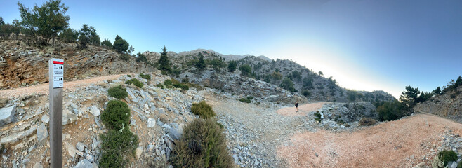 Panorama of hiking trail on crete close to the volikas shelter at northern white mountains. Area of village Kambi, area Keramia, at northern White Mountains - Chania Prefecture..
