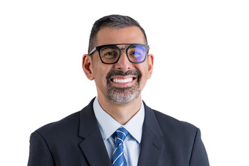 Close-up portrait of a bearded man in a suit looking at the camera on a white background.