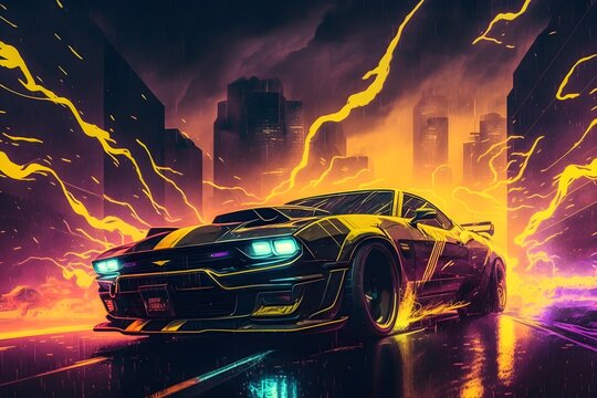 Black and Yellow Camaro driving in a cyberpunk city | Synthwave style Ai Generated cyberpunk wallpaper/background |