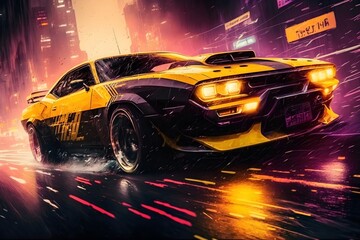 Black and Yellow Camaro driving in a cyberpunk city | Synthwave style Ai Generated cyberpunk wallpaper/background |
