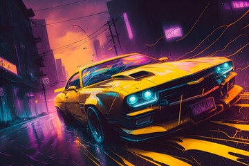 Yellow Camaro driving through a cyberpunk city | Synthwave style Ai Generated cyberpunk wallpaper/background |