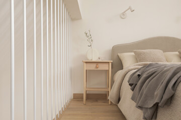 A cozy Home interior in warm beige tones in Japanese  and Scandinavian Style. Modern Scandinavian Bedroom Interior Design. Japandi Concept