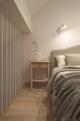 A cozy Home interior in warm beige tones in Japanese  and Scandinavian Style. Modern Scandinavian bedroom Interior Design. Japandi Concept © Jevgenija Zukova