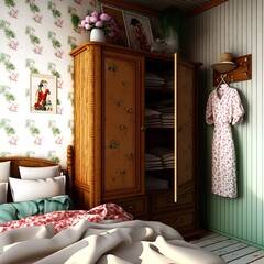 A room with a wooden cupboard.