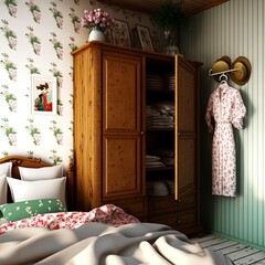 A room with a wooden cupboard.