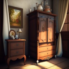 A room with a wooden cupboard.