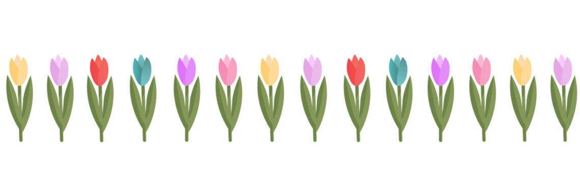 Banner with different tulips, colorful flowers set, spring and summer themes. Vector illustration sketch template