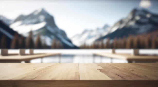 Empty wooden table top against white blurred SwitzerLand mountian landscape background, for product, montage,snow. Generative AI..