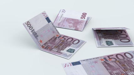 Obraz na płótnie Canvas Money folded on top of a white table. 500 euros. Europe euro. 3d rendering.