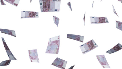 Several banknotes of money flying  on a transparent background. 500 euros. Europe euro. 3d rendering.