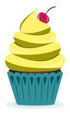 Delicious cupcake with cream and fruits and berries. Vector illustration dessert. Cupcake for cards and invitations.