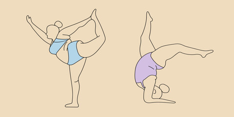 Body positive yoga set of girls in different asanas