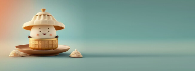  banner with empty space. Cute Cartoon little plate of dim sum with a friendly face and a steamer basket hat. Character with Room for Copy. Empty flat background. Generative ai.