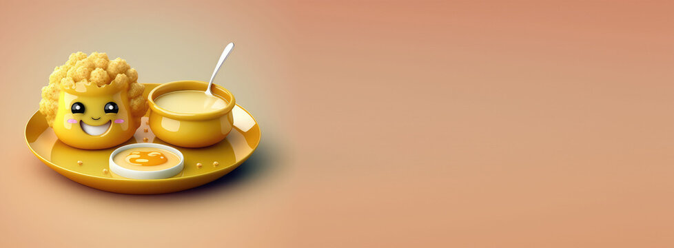 Banner With Empty Space. Cute Cartoon Sweet Little Plate Of Tempura With A Happy Face And A Little Dipping Sauce Bowl.. Character With Room For Copy. Empty Flat Background. Generative Ai.