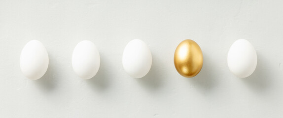White chicken eggs with one golden egg flat lay top view banner
