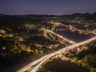 night view bridge river building road gloominess