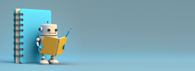 banner with empty space. Cute Cartoon sweet employer humanoid with a notepad and a pen. Character with Room for Copy. Empty flat background. Generative ai.