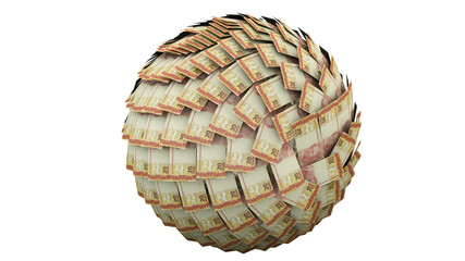 Financial snowball. Conceptual idea about having a big debt. Note of 20 reais. Money from Brazil. 3d rendering.