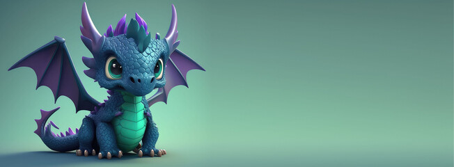 banner with empty space.  Cute Cartoon Baby dragon Character with Room for Copy. Empty flat background. Generative ai.
