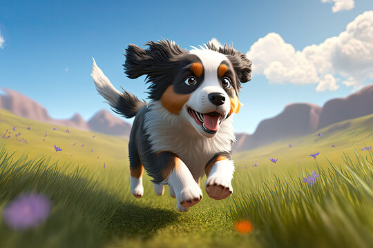 Cute 3d Cartoon Australian Shepard Running Through A Meadow, Generative AI