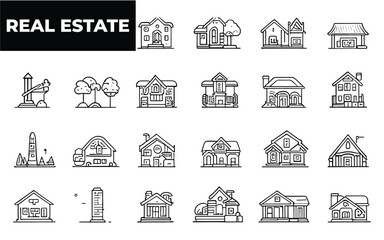 Fototapeta na wymiar Real Estate thin line icons. Real estate symbols set. Included the icons as House, Home, Realtor, Agent, Plan editable stroke icon. Real estate icons collection. House line icons.