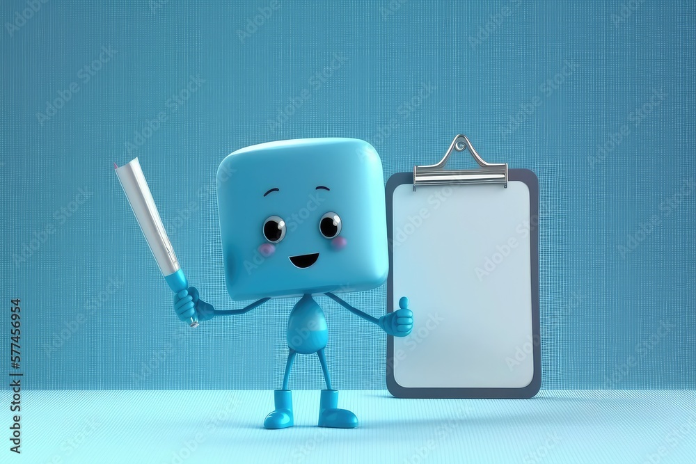 Wall mural Cute Cartoon employer hologram with a clipboard and a pen. flat background, with empty space. Generative ai. - Wall murals