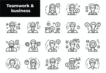 Teamwork and Business People thin line icons collection. Teamwork editable stroke icon set.Team signs. Vector illustration