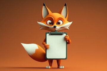 Cute Cartoon cute fox with a clipboard and a marker. flat background, with empty space. Generative ai.