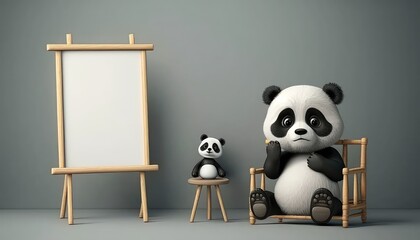  Cute Cartoon fluffy panda sitting on a chair, holding a bamboo stick and looking at a mock - up frame on the wall from a distance. flat background, with empty space. Generative ai.