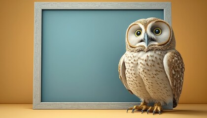  Cute Cartoon friendly owl sitting on a perch, looking at a mock - up frame on the wall that's a few feet away. flat background, with empty space. Generative ai.
