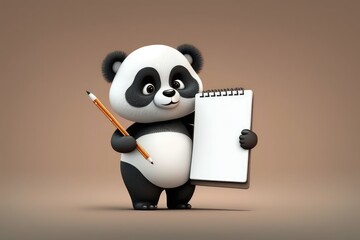  Cute Cartoon friendly panda with a clipboard and a pencil. flat background, with empty space. Generative ai.