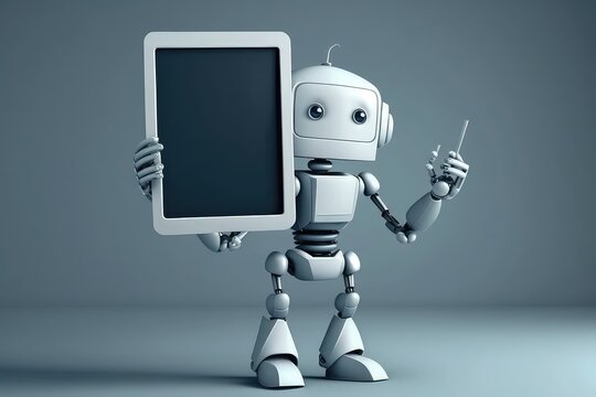 Cute Cartoon Friendly Employer Robot With A Mock-up Tablet In Its Hand. Flat Background, With Empty Space. Generative Ai.