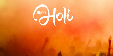 Happy Holi. Orange Holi colors crowd.