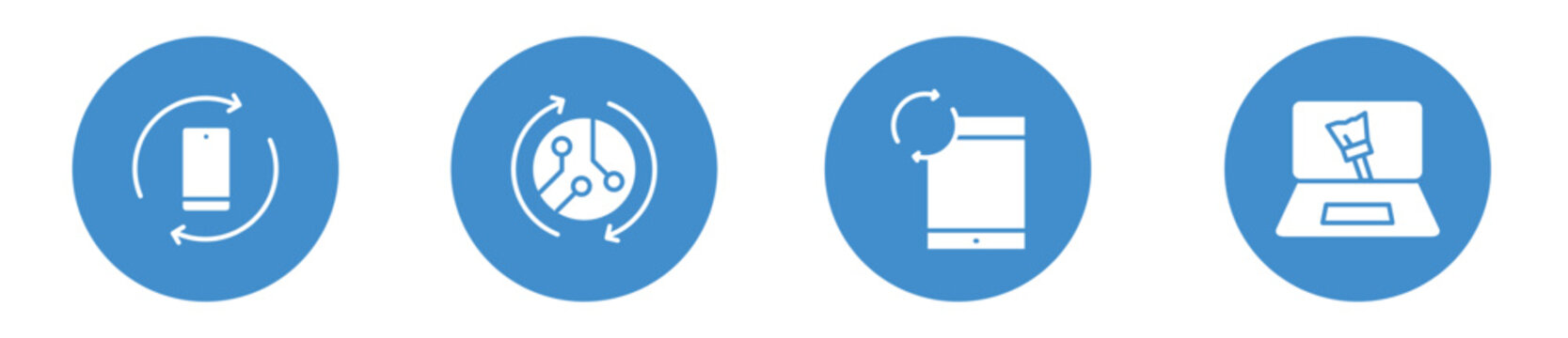 Used electronic devices modern circular icon set, refurbished smartphone concept, reusable computer store modern vector icons, reselling emblems, second-hand products symbols isolated