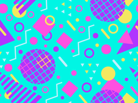 Memphis seamless pattern with geometric shapes in 80s style. Colorful geometric pattern. Design of promotional products, wrapping paper and printing. Vector illustration