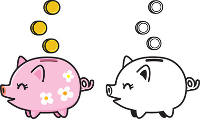 ブタの貯金箱とコインのイラスト