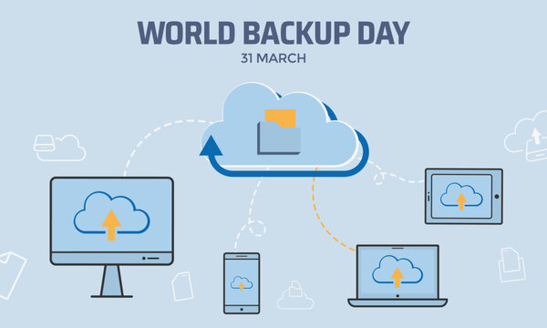 "World Backup Day" Landscape Background Design Theme for Banner, Poster. Illustration World Backup Day with icon sign Backup Data and Cloud Storage